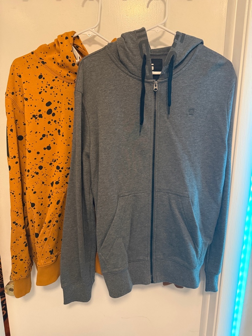 Mens G-Star hoodie bundle, Grey zip up, orange splatter hoodie, both size L
